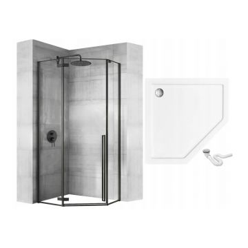 Cabina dus cu cadita pentagonala Rea Diamond negru cu usa batanta 90x90 alb