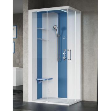 Cabina de dus dreptunghiulara cu hidromasaj Novellini Skill A Essential 100x80cm cadita joasa 4.5cm orientare stanga interior alb mat finisaj Glossy Blue