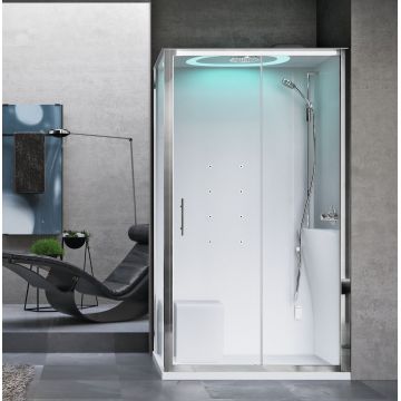 Cabina de dus dreptunghiulara cu hidromasaj si sauna Novellini Eon 2P Hammam 120x90cm cadita joasa 4.5cm orientare dreapta interior alb lucios finisaj Crom