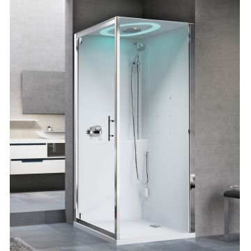 Cabina de dus patrata cu hidromasaj Novellini Eon GF Hammam 90x90cm cromoterapie si telecomanda cadita joasa 4.5cm interior alb lucios finisaj Crom