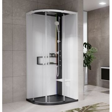 Cabina de dus semirotunda cu hidromasaj Novellini Glax 2 2.0 R HydroPlus 100x100cm cadita joasa 4.5cm finisaj Black