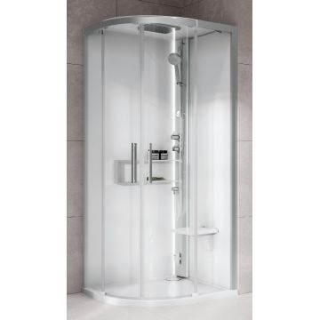 Cabina de dus semirotunda cu hidromasaj Novellini Glax 2 2.0 R HydroPlus 90x90cm cadita joasa 4.5cm finisaj Total White