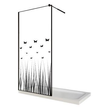 Perete dus / Paravan walk in sticla cu model Butterfly 103 6 mm profil negru mat tija extensibila 1000 x 2000 mm