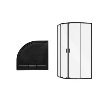 Set cabina de dus semirotunda Besco Zarya Black 90x90cm si cadita de dus Axim Stone Effect Black