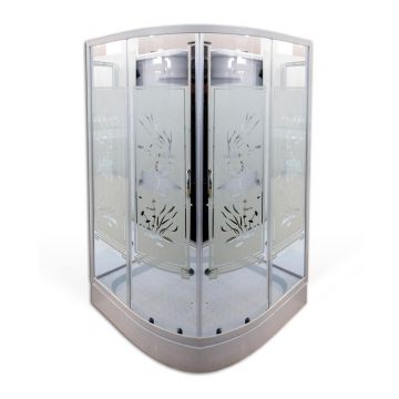 Cabina de dus simpla semirotunda Castello  sticla serigrafiata 4 mm model floral  90x90x195 cm  profil argintiu  cadita joasa si sifon incluse