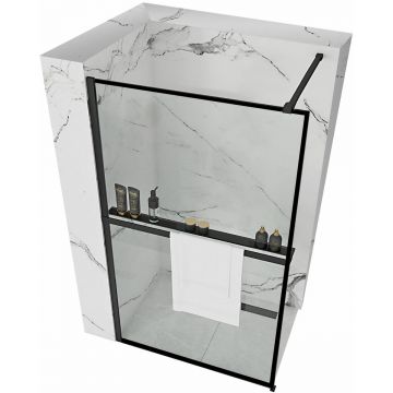 Paravan de duș Rea Bler Evo, tip walk-in, cu suport de prosoape și raft, negru - 110 cm
