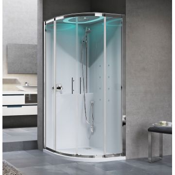 Cabina de dus semirotunda cu hidromasaj Novellini Eon R Hammam 90x90cm cadita joasa 4.5cm finisaj Silver