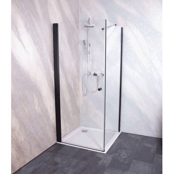 Cabina de dus Sanotechnik Sanoflex Black 90x90cm cu usa batanta si perete fix EXPUS