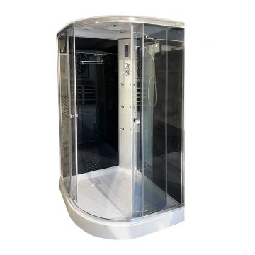 Cabina de dus cu hidromasaj semirotunda Marte  sticla gri 4 mm  100x100x215 cm  profil argintiu  cadita joasa si sifon incluse
