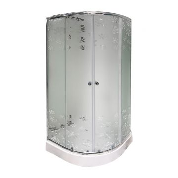 Cabina de dus simpla Marbella  sticla serigrafiata 4 mm model floral  90x90x195 cm  profil cromat  cadita joasa si sifon incluse