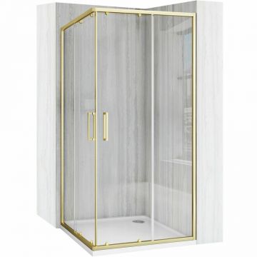 Cabina de dus patrata cu usi glisante auriu Rea City 90x90 cm si cadita alba