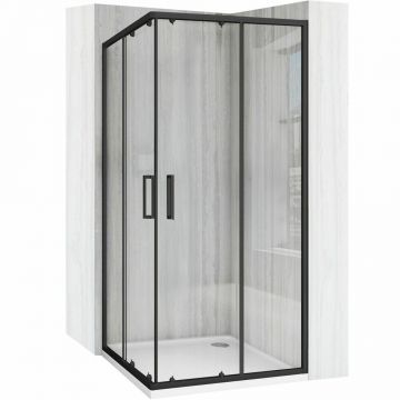 Cabina de dus patrata cu usi glisante negru Rea City 80x80 cm si cadita alba