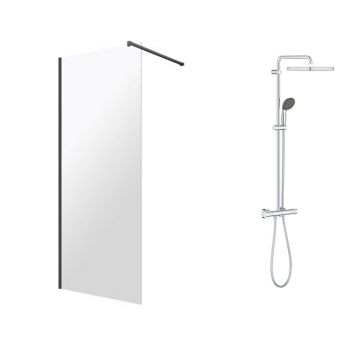 Pachet paravan dus Walk-In Omnires Marina crom 110x200 cm si coloana de dus cu baterie termostatata Grohe Vitalio Start Cube 250 crom lucios