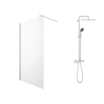 Pachet paravan dus Walk-In Omnires Marina crom 90x200 cm si coloana de dus cu baterie termostatata Grohe Vitalio Start Cube 250 crom lucios