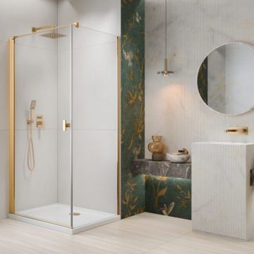 Cabina de dus patrata cu usa batanta Radaway Nes KDJ I 100x100 cm finisaj auriu lucios-transparent stanga