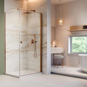 Cabina de dus patrata cu usa batanta Radaway Nes KDJ I 100x100 cm finisaj cupru periat-transparent dreapta