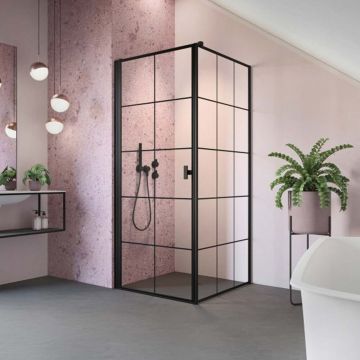Cabina de dus patrata cu usa batanta Radaway Nes KDJ I Factory 80x80 cm finisaj negru mat-transparent stanga