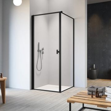 Cabina de dus patrata cu usa batanta Radaway Nes KDJ I Frame 80x80 cm finisaj negru mat-transparent stanga