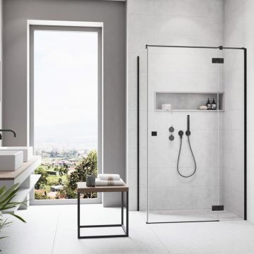 Usa de nisa batanta Radaway Essenza KDJ 80 cm sticla 6 mm finisaj negru mat-transparent deschidere dreapta