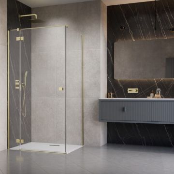 Cabina de dus dreptunghiulara cu usa batanta Radaway Essenza KDJ 120x90 cm finisaj auriu periat-transparent stanga