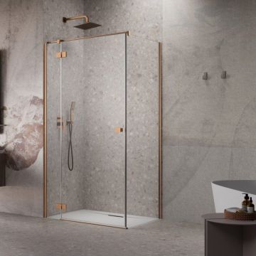 Cabina de dus dreptunghiulara cu usa batanta Radaway Essenza KDJ 90x75 cm finisaj cupru periat-transparent stanga