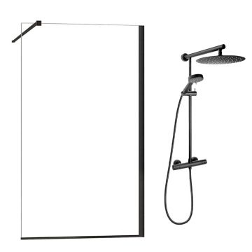 Pachet paravan dus Walk-In Fluminia Foxy negru 100x200 cm si coloana de dus FDesign Anima Quadro negru