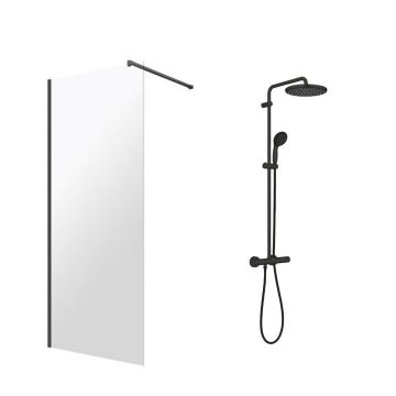 Pachet paravan dus Walk-In Omnires Marina negru 110x200 cm si coloana de dus Grohe Vitalio Start negru