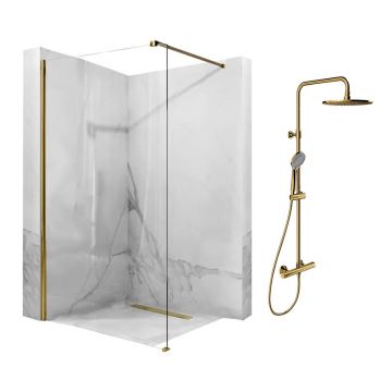 Pachet paravan dus Walk-In Rea Aero auriu 90x195 cm si coloana de dus Omnires Y auriu