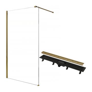 Pachet paravan dus Walk-In Rea Aero auriu 90x195 cm si rigola Alcadrain auriu