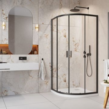 Pachet cabina de dus Alienta Black A 90x90 cm, cadita pentru dus Rodos A Compact alb si sifon cadita negru
