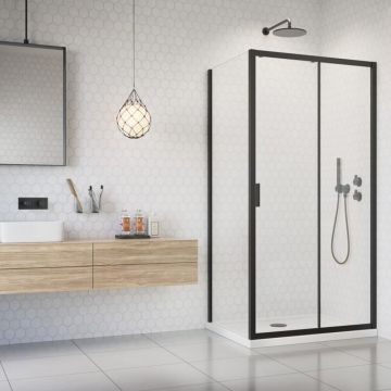 Pachet cabina de dus Alienta Black DWJ+S 100x90 cm, cadita pentru dus Laros D Compact alb si sifon cadita negru
