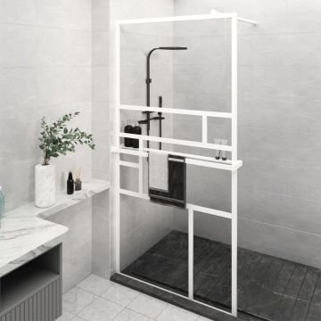 vidaXL Paravan duș walk-in cu raft alb 100x195 cm sticlă ESG/aluminiu vidaXL Paravan duș walk-in cu raft alb 100x195 cm sticlă ESG/aluminiu