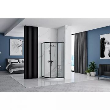 Cabina dus cu cadita semirotunda Rea Look cu doua usi culisante 80x80 negru mat ieftina