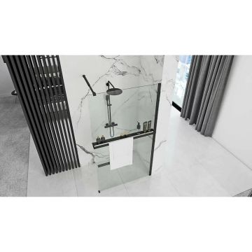 Paravan de dus tip Walk-in Rea Aero 110x195 cm si etajera cu suport negru